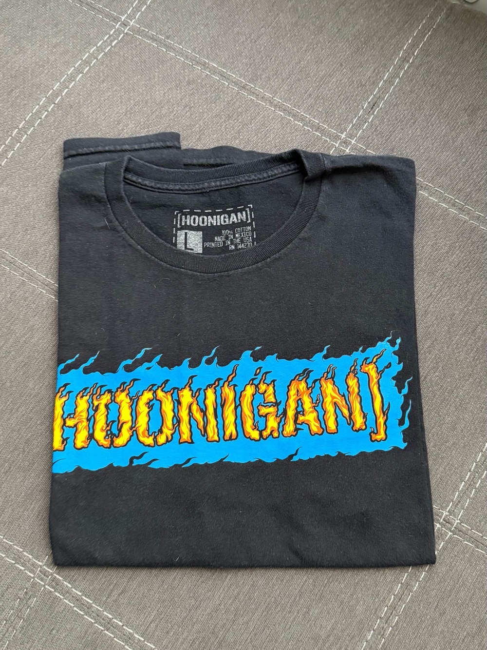 Hoonigan Black Short Sleeve Graphic Tee with Blue and Yellow Flame Design